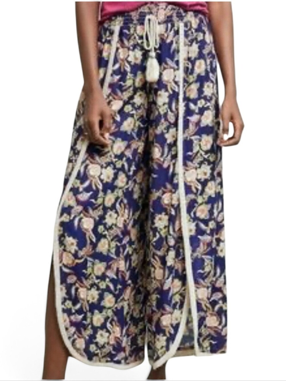 NEW Anthropologie Purple Boho Floral Wide-Leg Pants with Tassel Drawstring